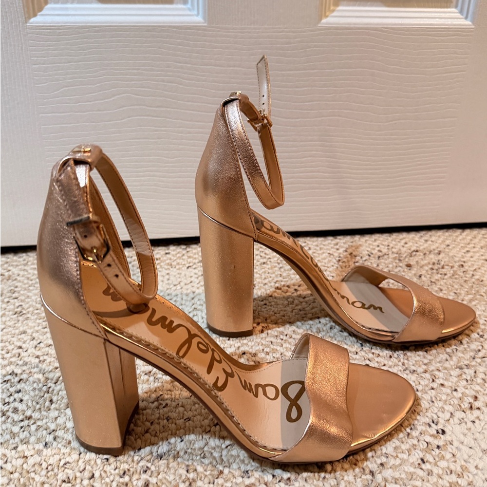 Sam Edelman Ankle Strap Block Heel Yaro Sandals Size 8, Rose Gold